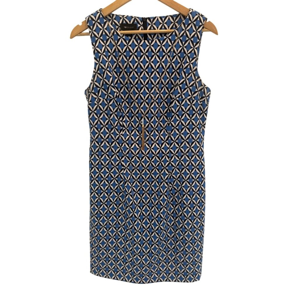 AB Studio Women’s Blue White Geo Sleeveless Sheath Dress Size 10 Mod 70's Style